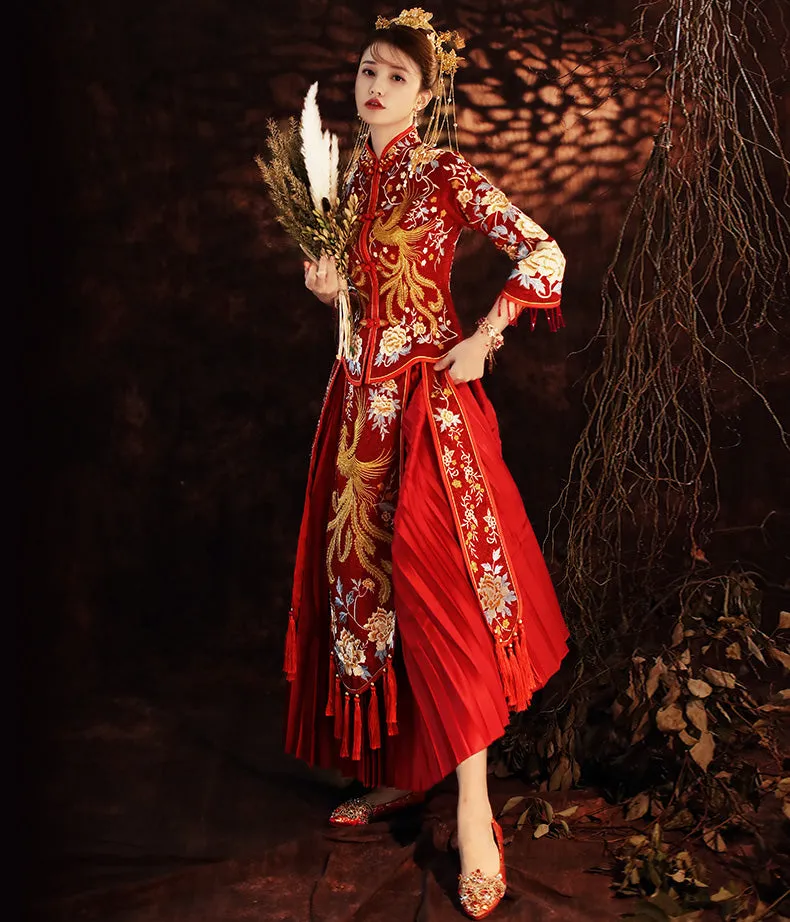 Floral & Phoenix Embroidery Pleated Skirt Traditional Chinese Wedding Suit