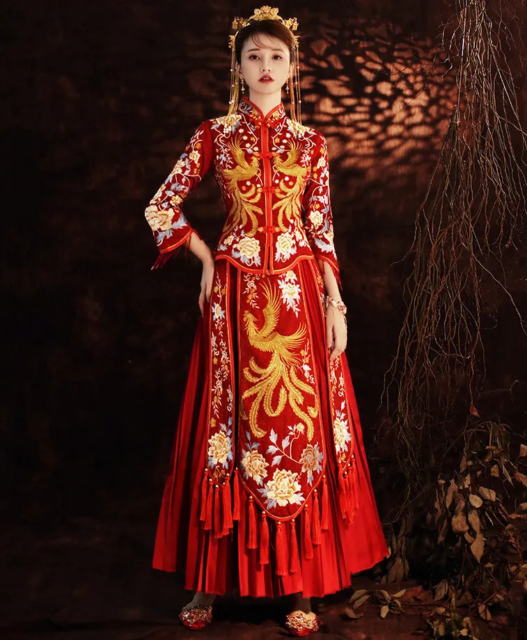 Floral & Phoenix Embroidery Pleated Skirt Traditional Chinese Wedding Suit