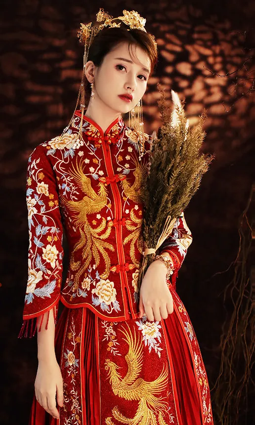 Floral & Phoenix Embroidery Pleated Skirt Traditional Chinese Wedding Suit