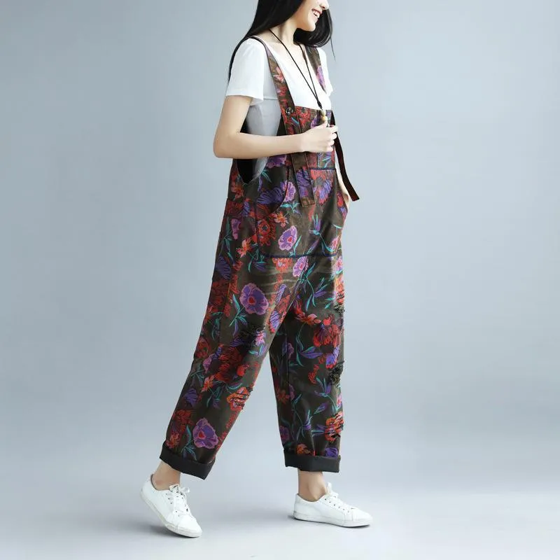 Floral Printed Loose Denim Overall