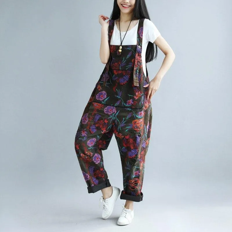 Floral Printed Loose Denim Overall