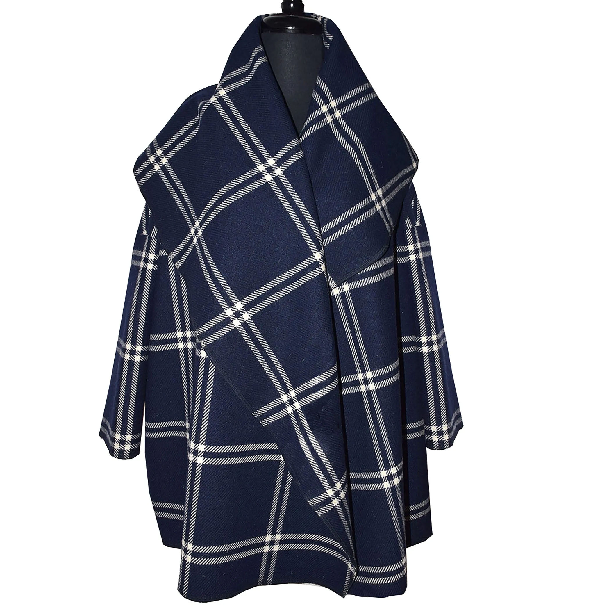 Gorgeous Navy Plaid Wool Cape with Tie