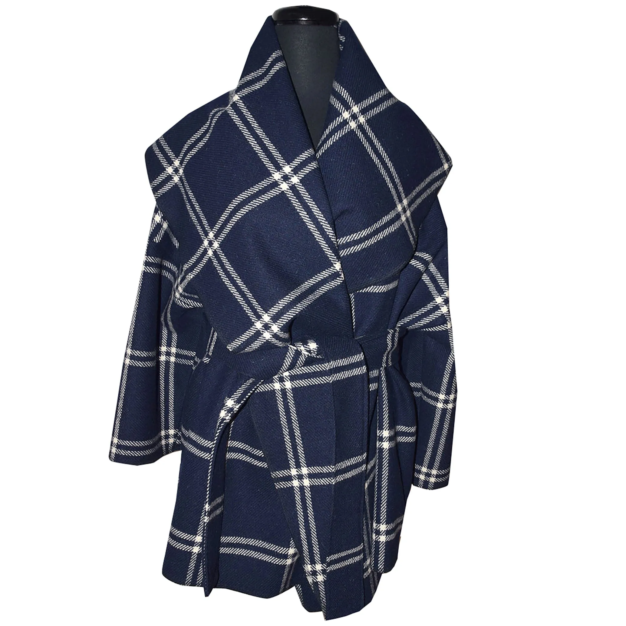 Gorgeous Navy Plaid Wool Cape with Tie