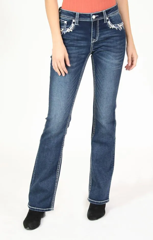 GRACE IN LA FLORAL HORSESHOE EMBELLISHED KNIT DENIM BOOTCUT DENIM JEANS STYLE EB-61402