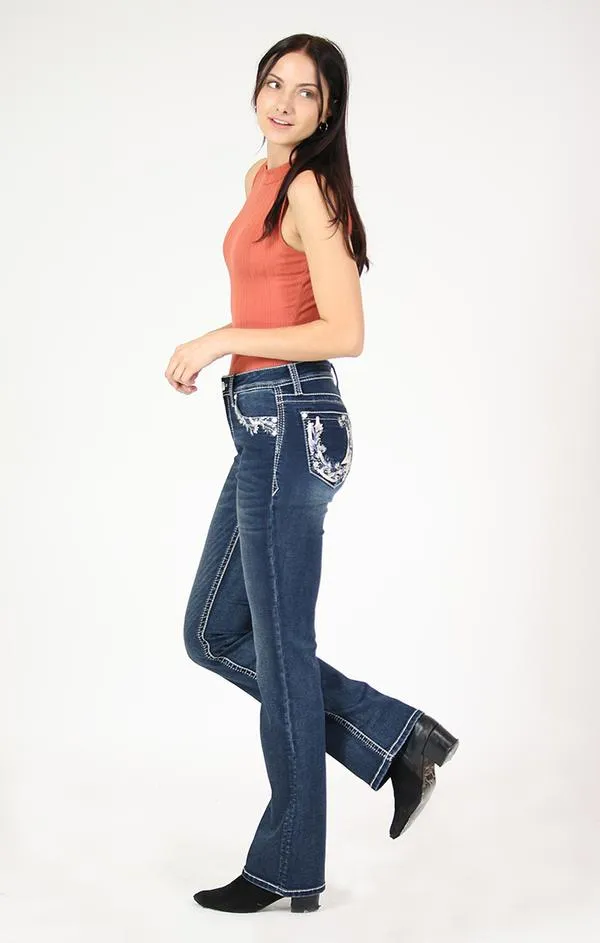 GRACE IN LA FLORAL HORSESHOE EMBELLISHED KNIT DENIM BOOTCUT DENIM JEANS STYLE EB-61402