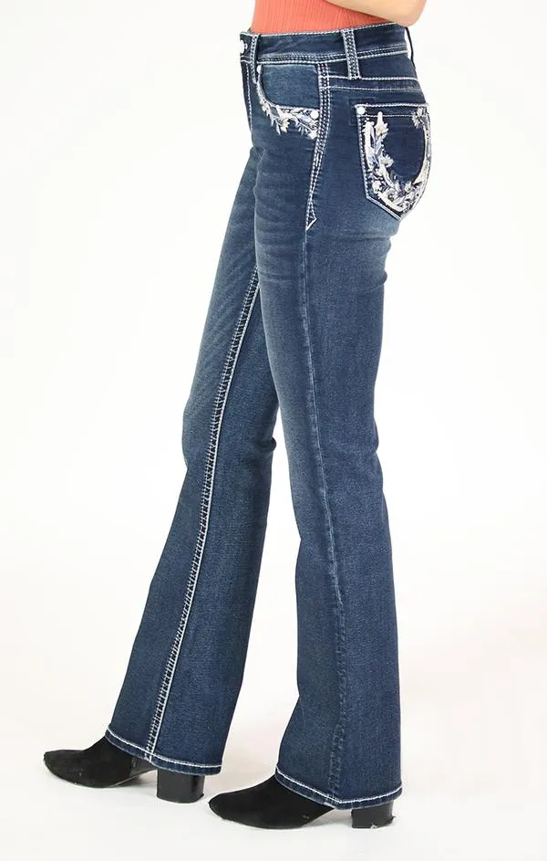 GRACE IN LA FLORAL HORSESHOE EMBELLISHED KNIT DENIM BOOTCUT DENIM JEANS STYLE EB-61402