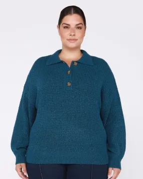 Harper Polo Front Sweater | Heather Teal