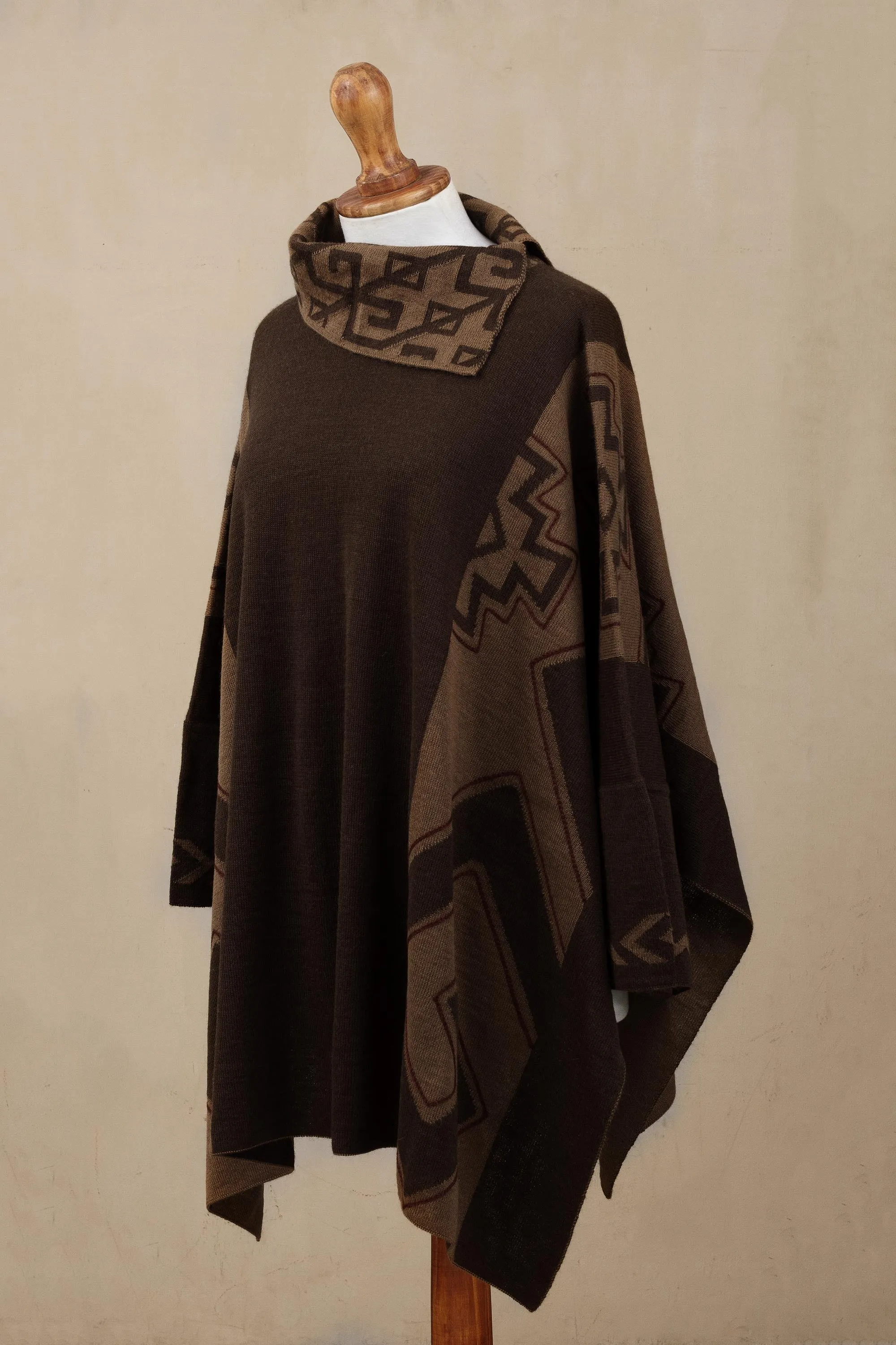 Inca Style Mahogany and Burnt Sienna Alpaca Blend Poncho from Peru