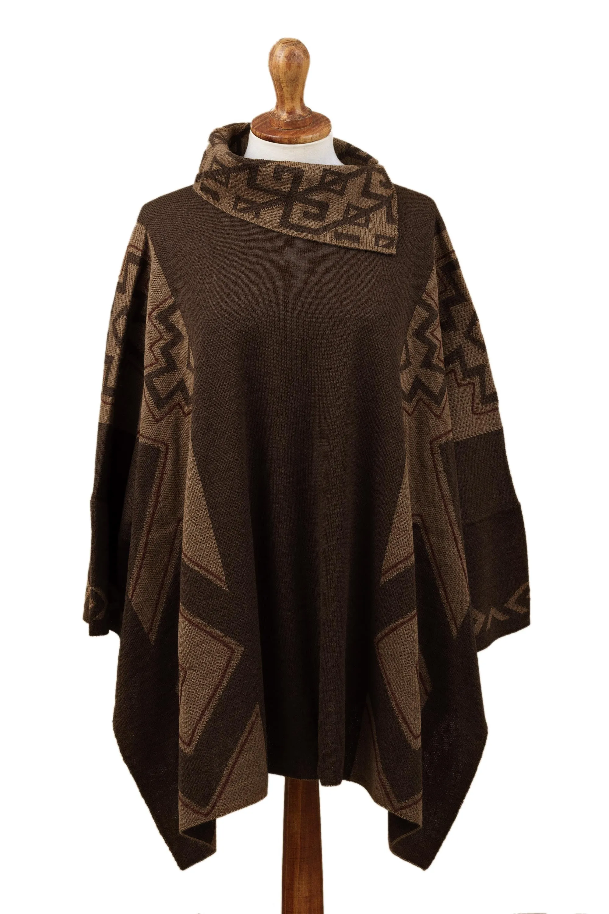 Inca Style Mahogany and Burnt Sienna Alpaca Blend Poncho from Peru