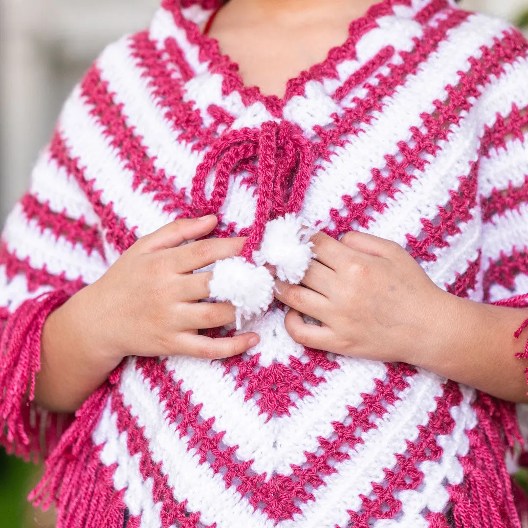 Infant's Burgundy & White hand-Knitted Woollen Poncho For Girl's