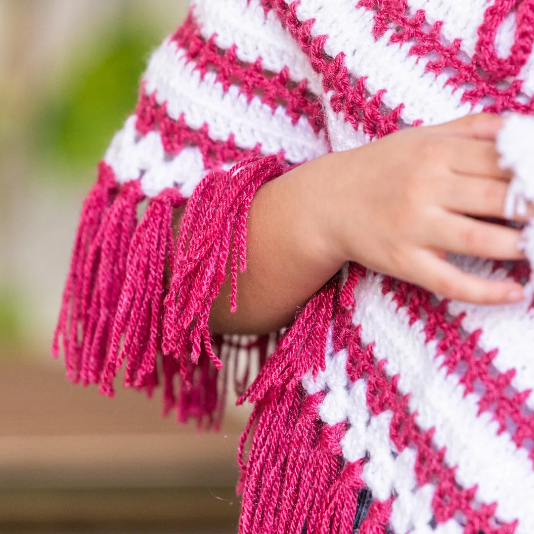 Infant's Burgundy & White hand-Knitted Woollen Poncho For Girl's