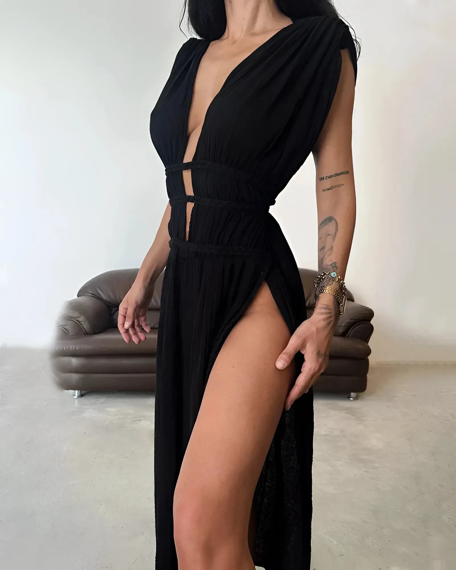 IvyShape Maxi Dress - Sleeveless, Plunging Neckline, High-Slit Evening Wear