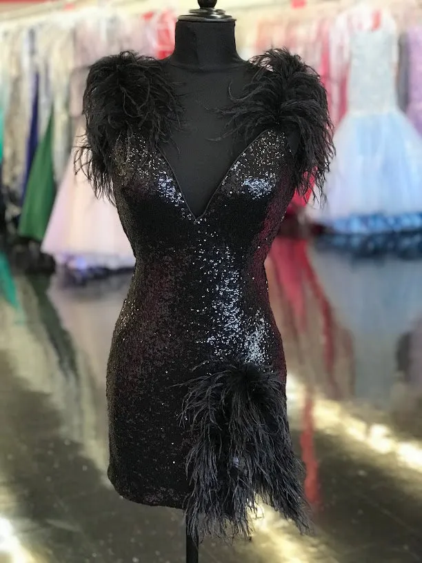 Jovani 23059 Cocktail Dress Short Fitted Sequin Feather V Neck Homecoming Gown