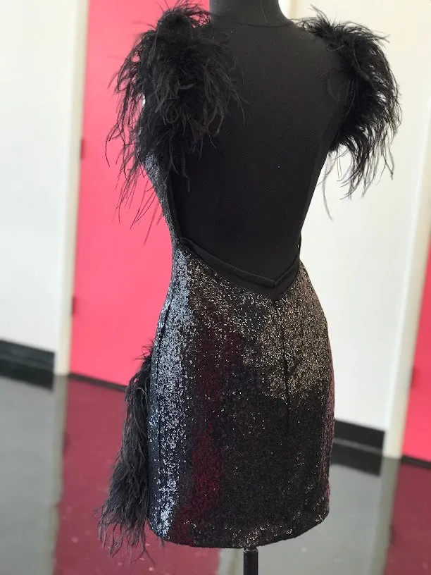 Jovani 23059 Cocktail Dress Short Fitted Sequin Feather V Neck Homecoming Gown