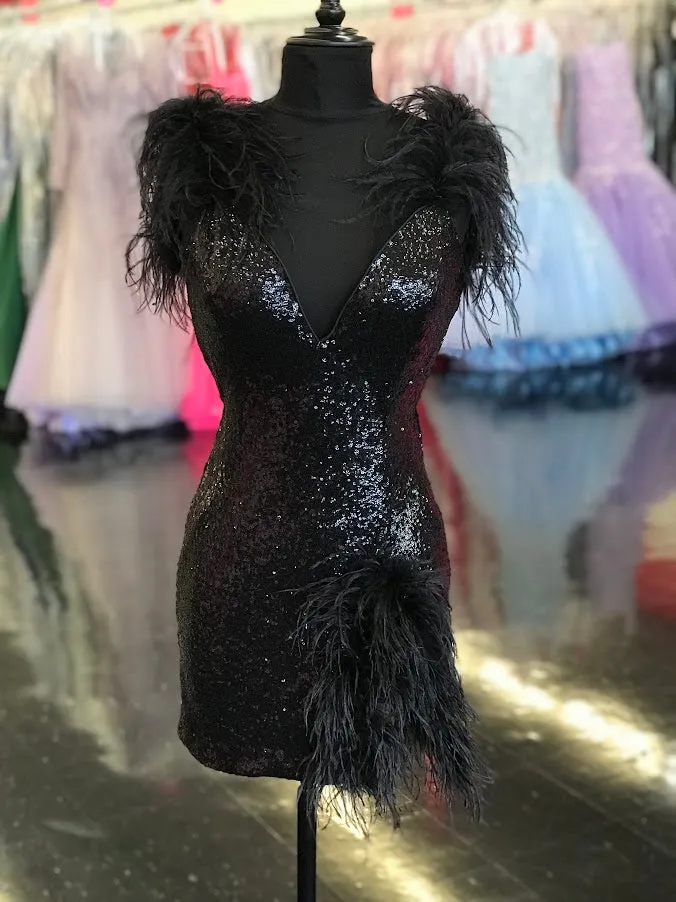 Jovani 23059 Cocktail Dress Short Fitted Sequin Feather V Neck Homecoming Gown