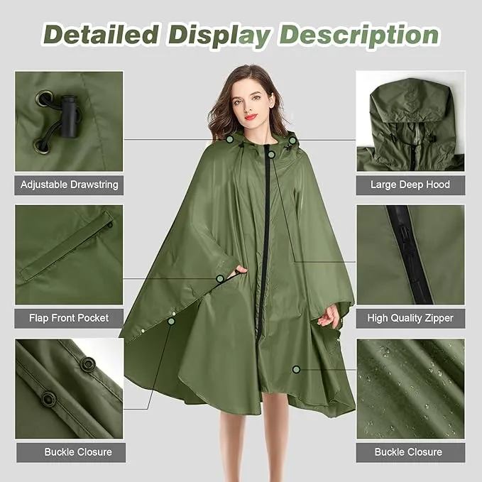 LAMA Waterproof Rain Poncho, Lightweight Reusable Rain Poncho Coat, Hiking Rain Coat Jacket with Hood and Carry Pouch for Adults Women Men, Outdoor Activities