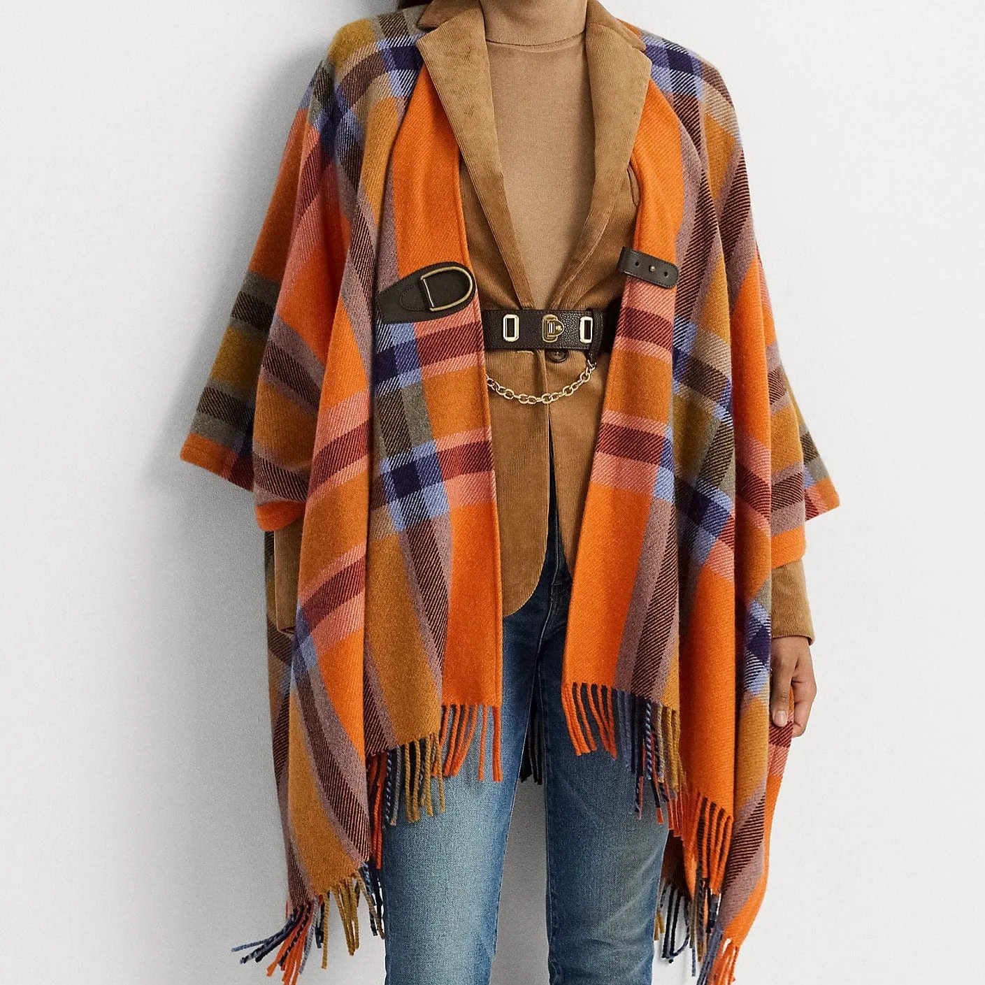 Lauren Ralph Lauren Plaid Fringe-Trim Twill Poncho