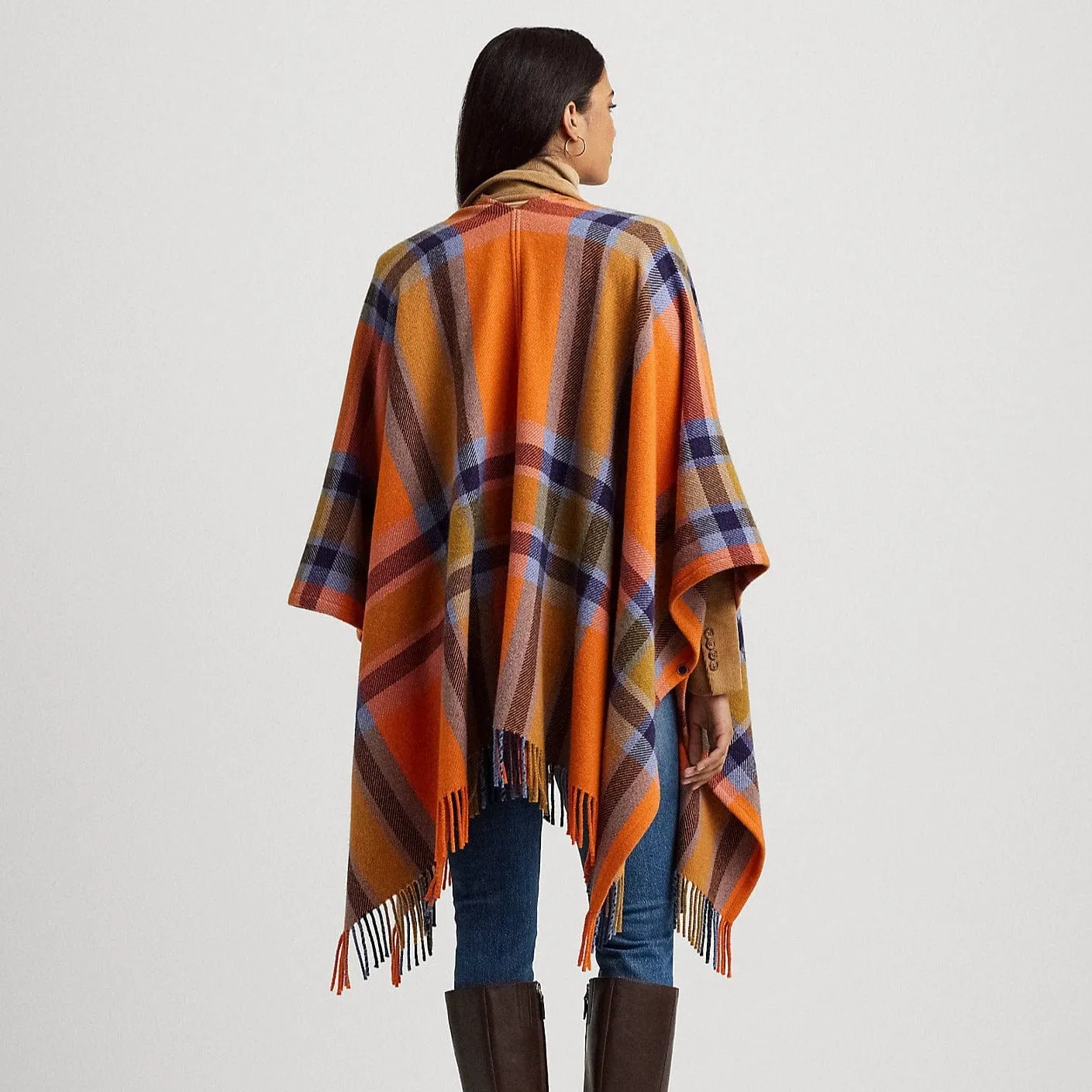 Lauren Ralph Lauren Plaid Fringe-Trim Twill Poncho