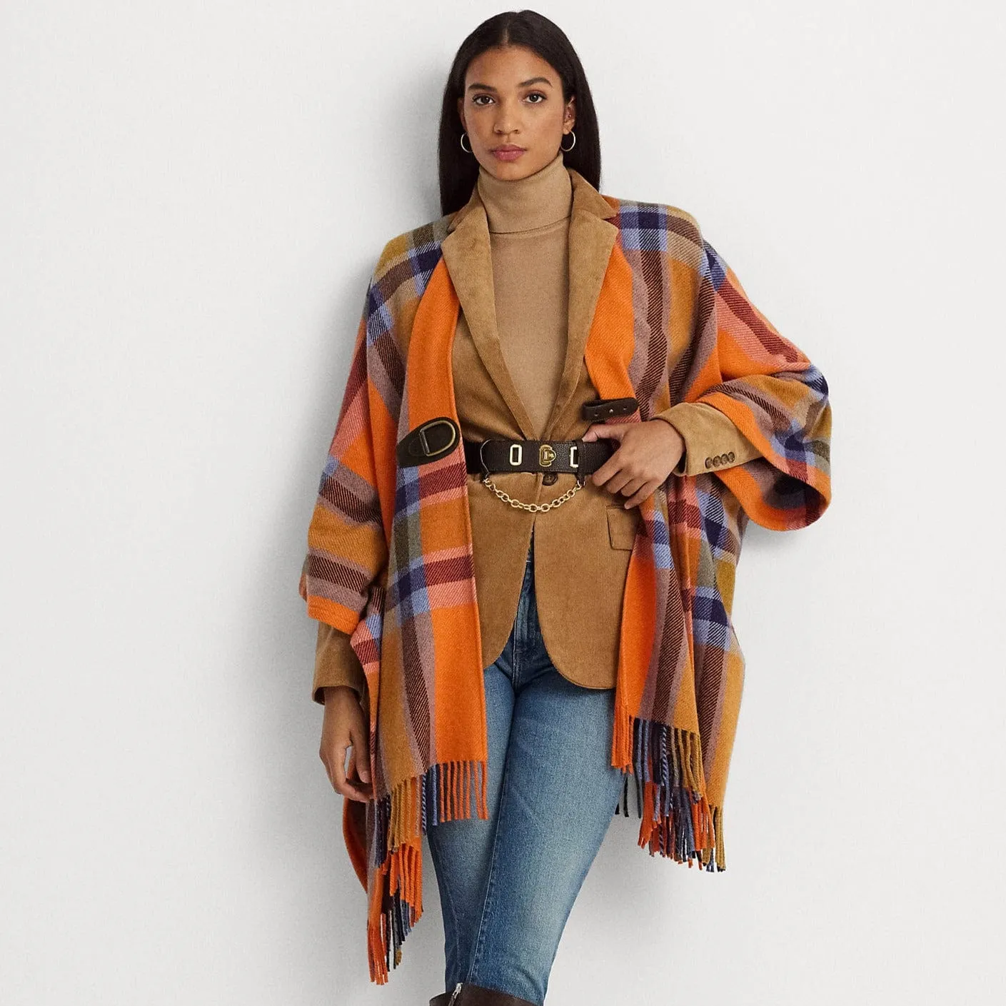 Lauren Ralph Lauren Plaid Fringe-Trim Twill Poncho