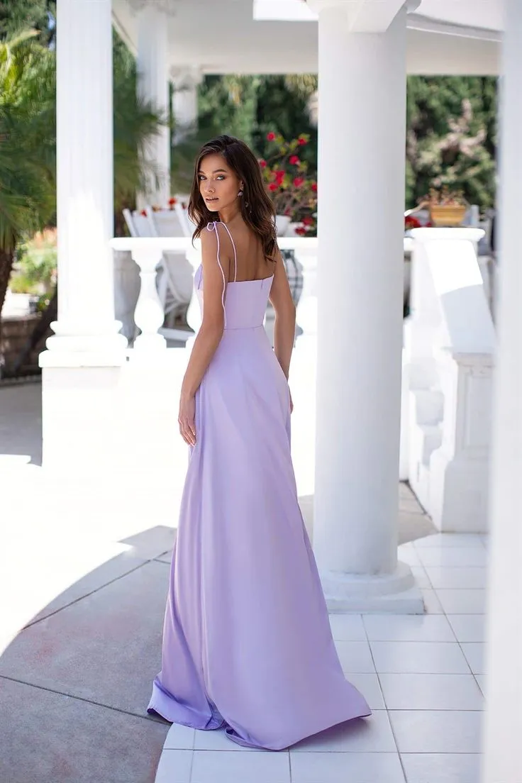 Lavender A-Line Spaghetti Straps Floor Length Split Front Prom Dresses     fg3061