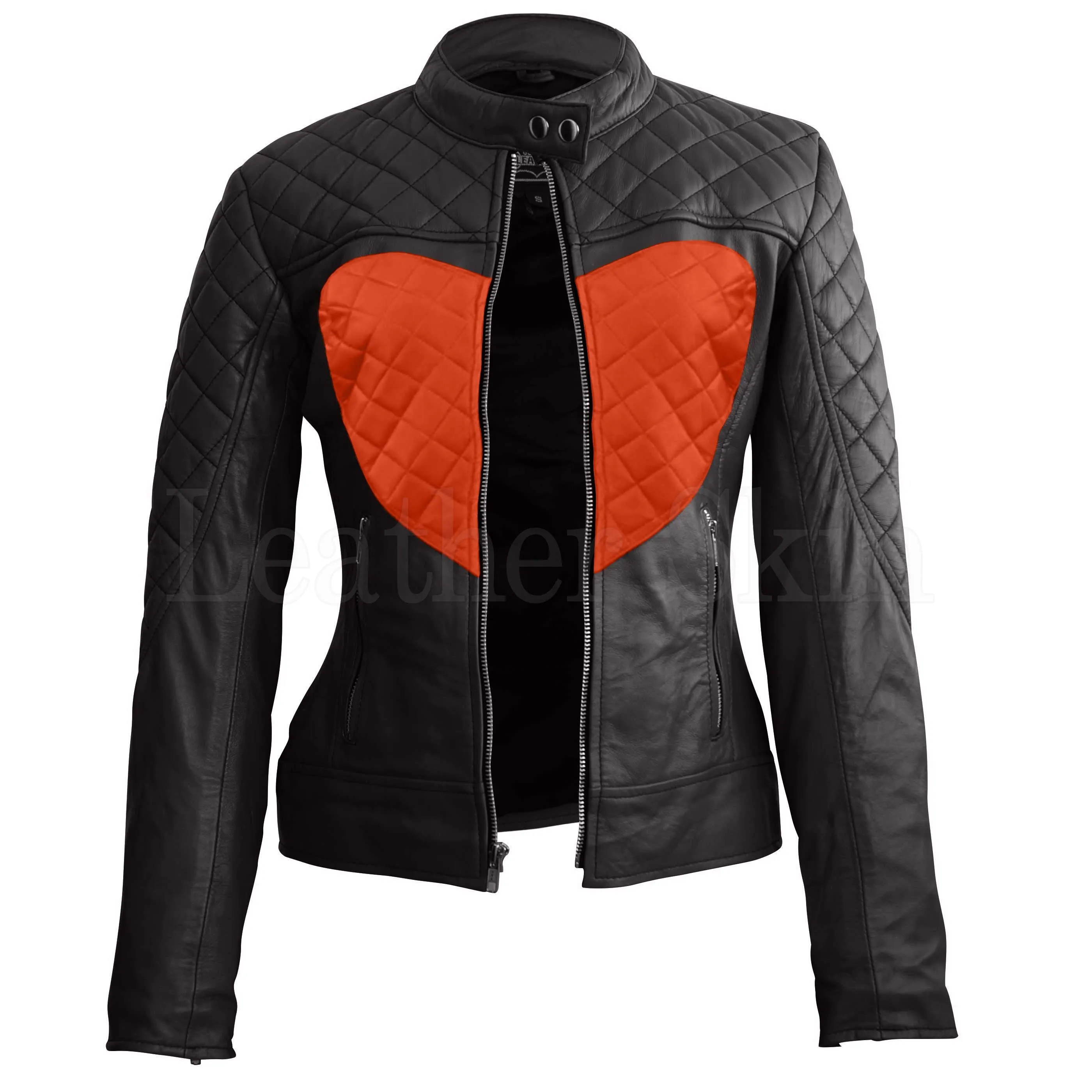 Leather Skin Women Shoulder Quilted Orange Love Heart Genuine Leather Jacket