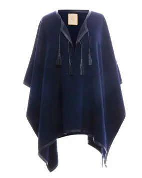 Leather Trim Tassel Alpaca Poncho in Navy