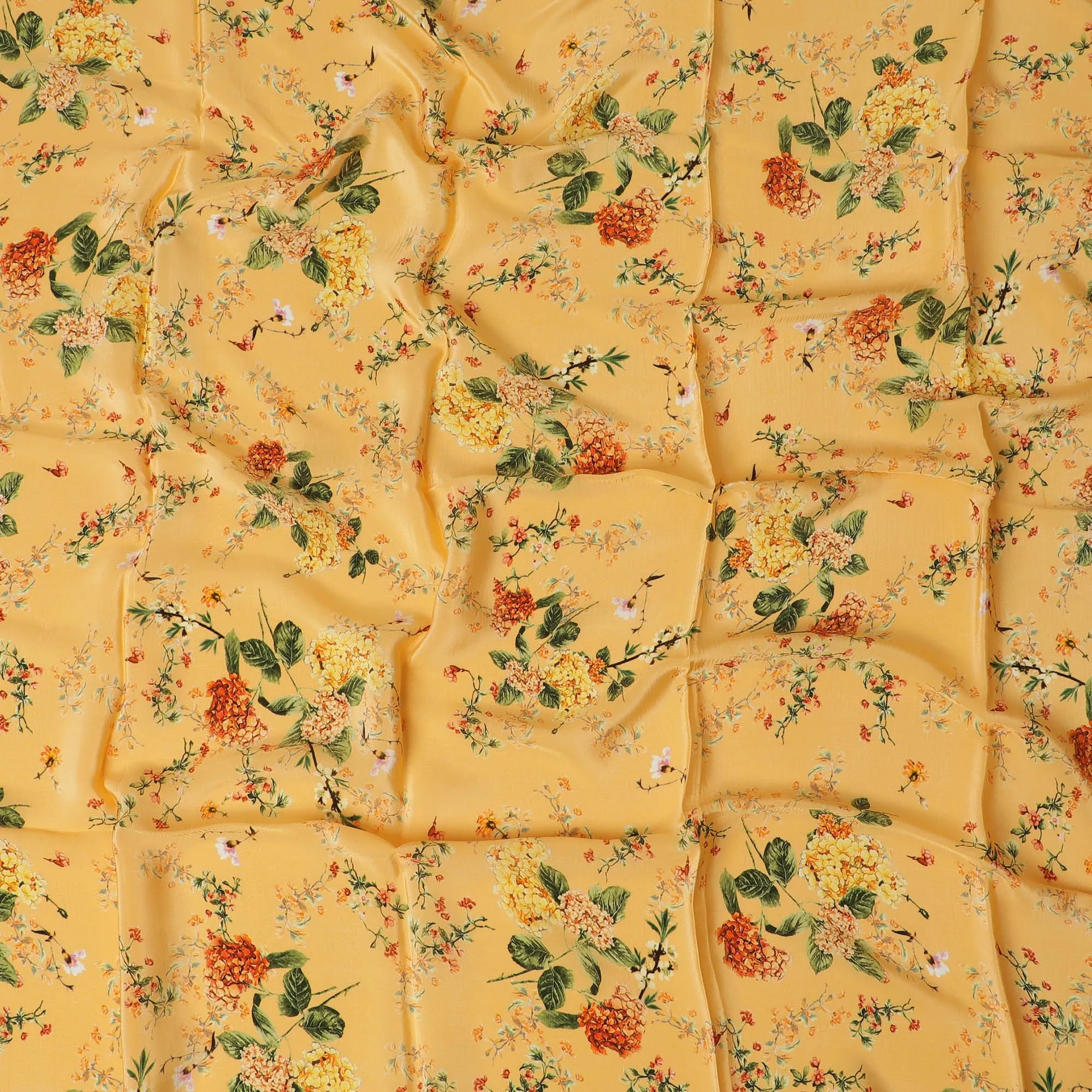 Mango orange synthetic crepe fabric with multicolor print in floral design-D17328 (1.4 mtrs)