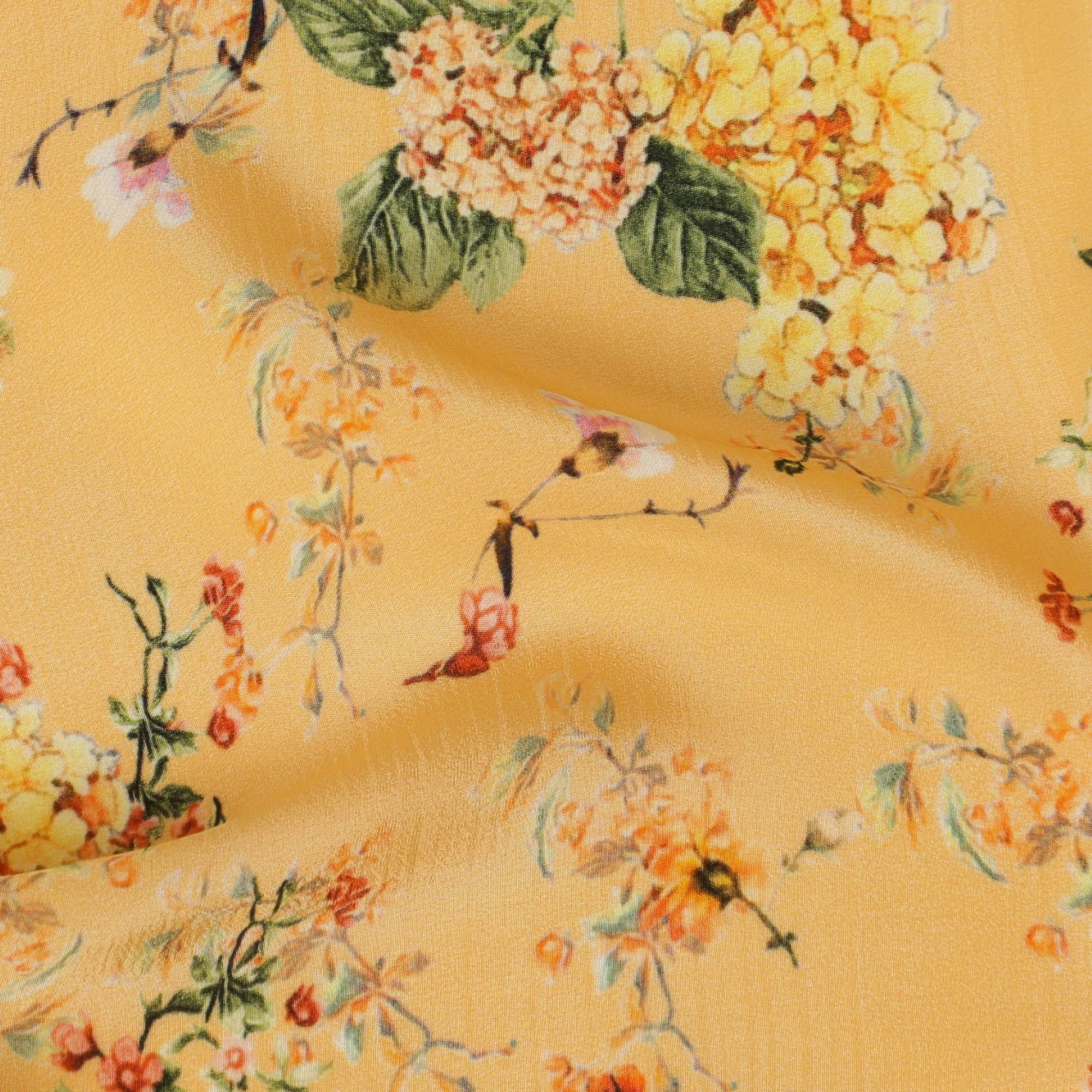 Mango orange synthetic crepe fabric with multicolor print in floral design-D17328 (1.4 mtrs)