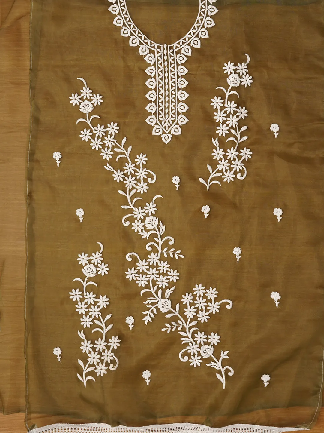 Mehandi Floral Embroidered Organza Dress with Dupatta