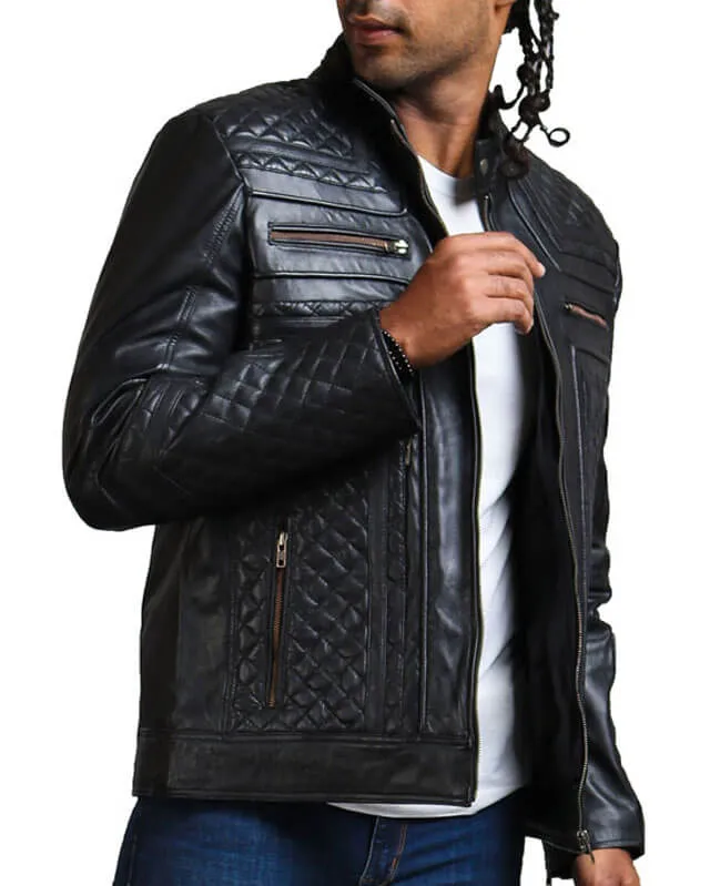 Men's Diamond Quilted Black Leather Jacket