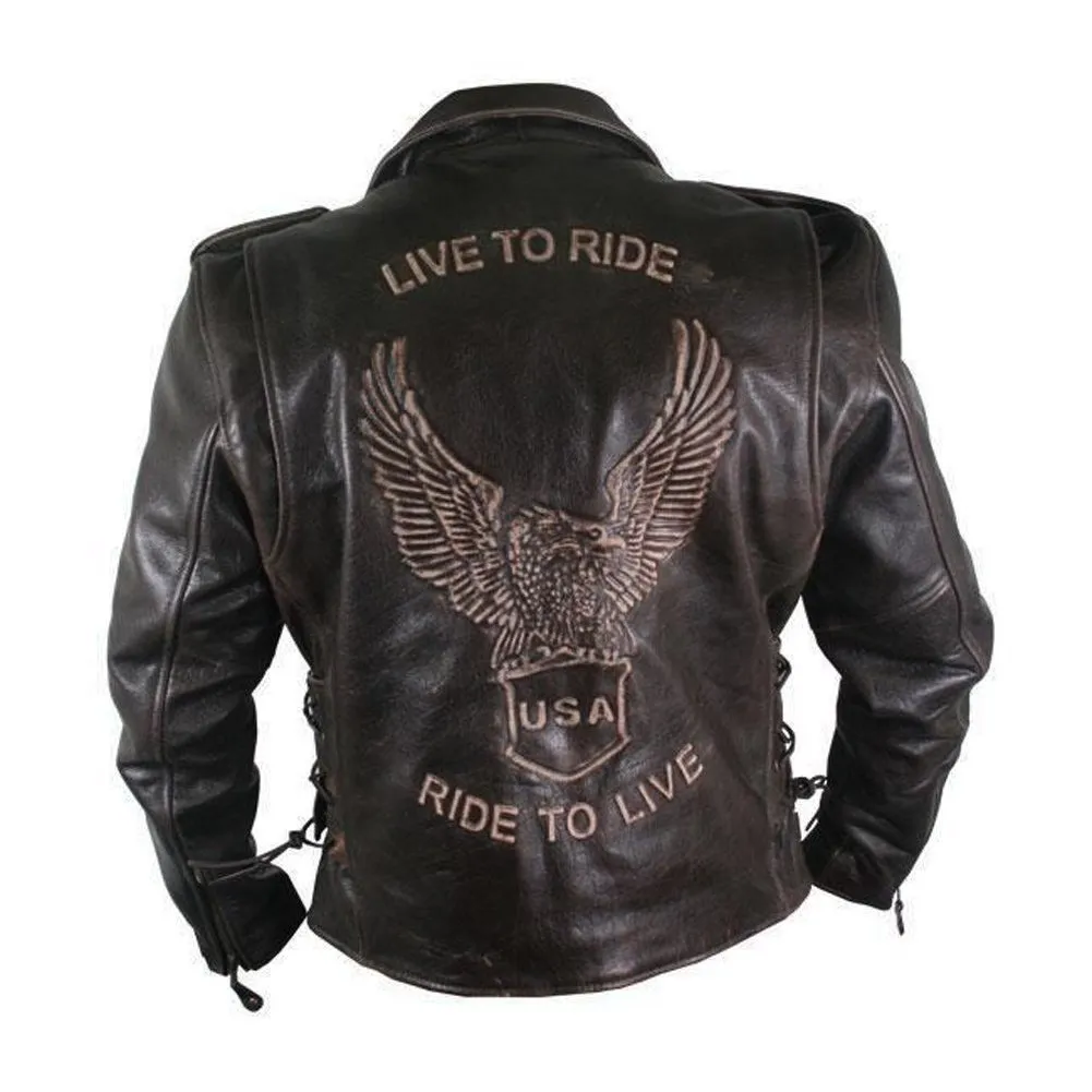 Men's Distressed Retro Brown USA Embossed Eagle Leather Jacket