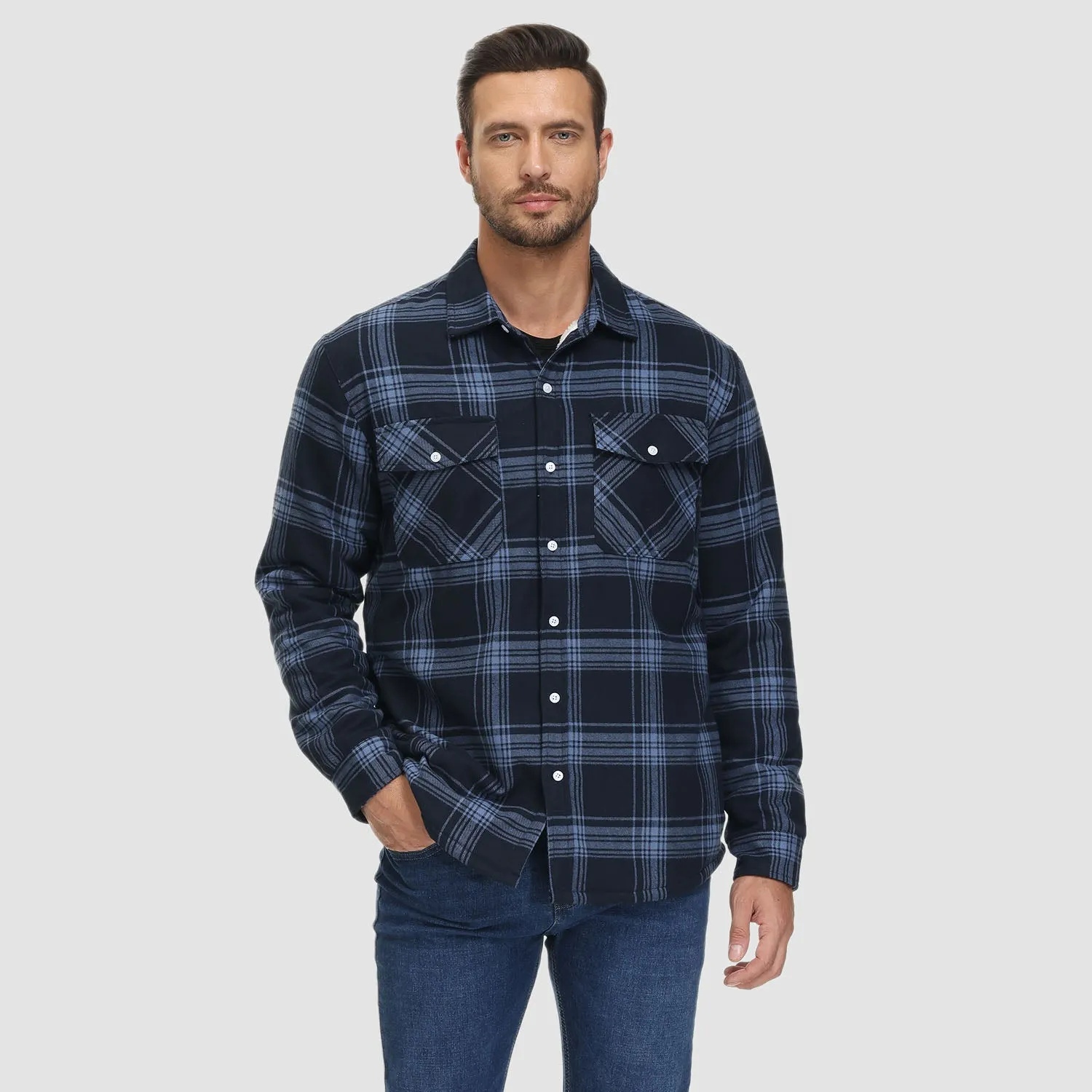 Men's Sherpa Shirt Fleece Lined Flannel Shirt Jacket with 3 Pockets Casual Plaid Button Down Winter Coat