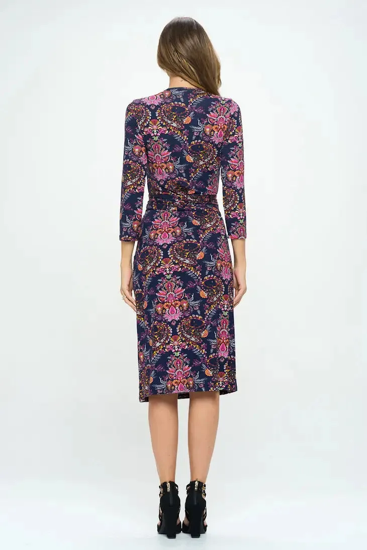 Navy/Pink Floral Print V Neck Jersey Women's Wrap Dress