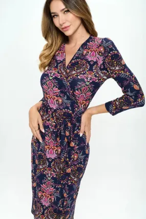 Navy/Pink Floral Print V Neck Jersey Women's Wrap Dress