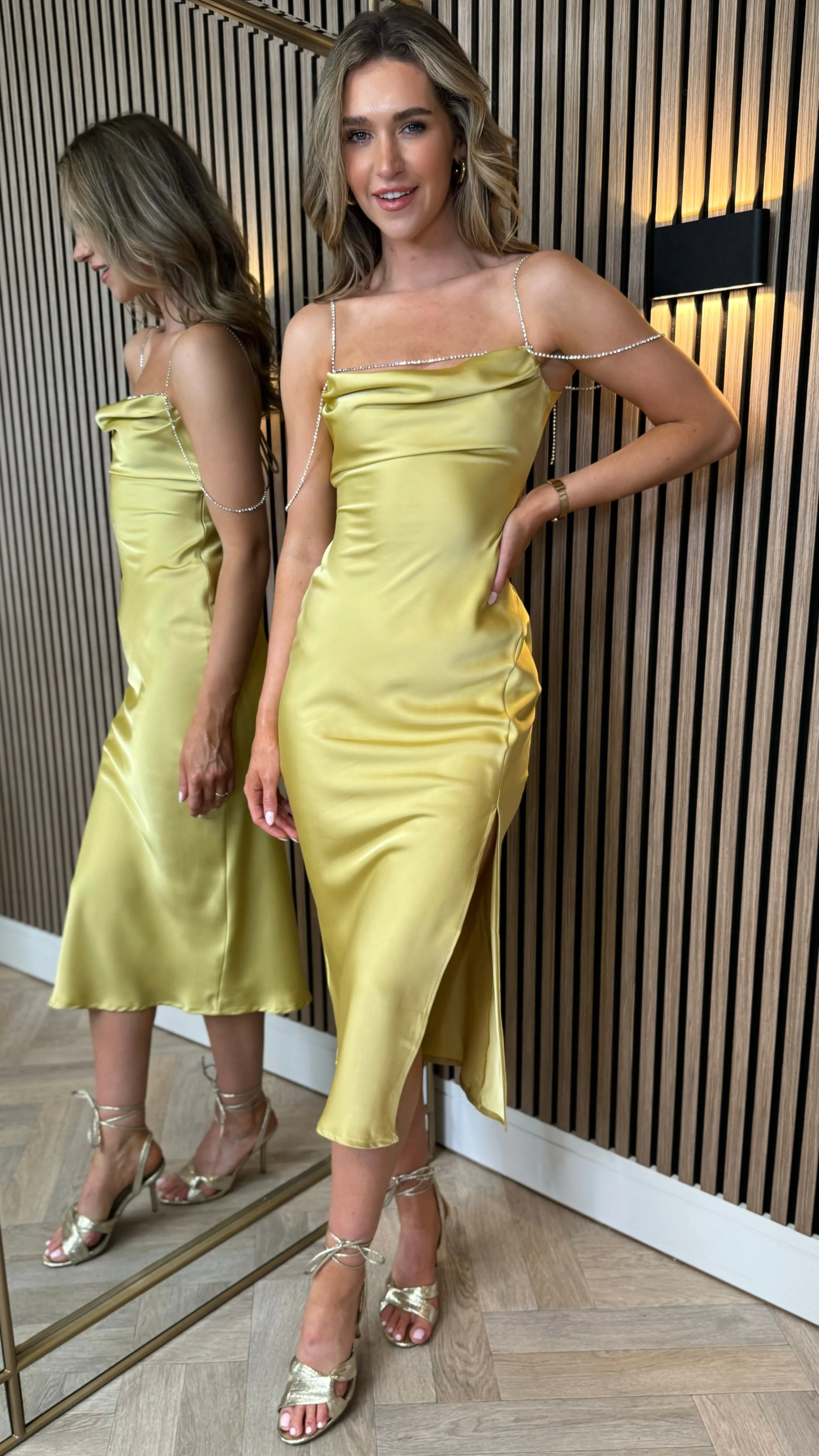 Paris Yellow Satin Slip Midi Dress