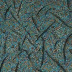 Peacock Teal Paisley Pure Silk Crepe Fabric - Vibrant Traditional Print, 110cm Width - Buy Online by the Meter-D18042