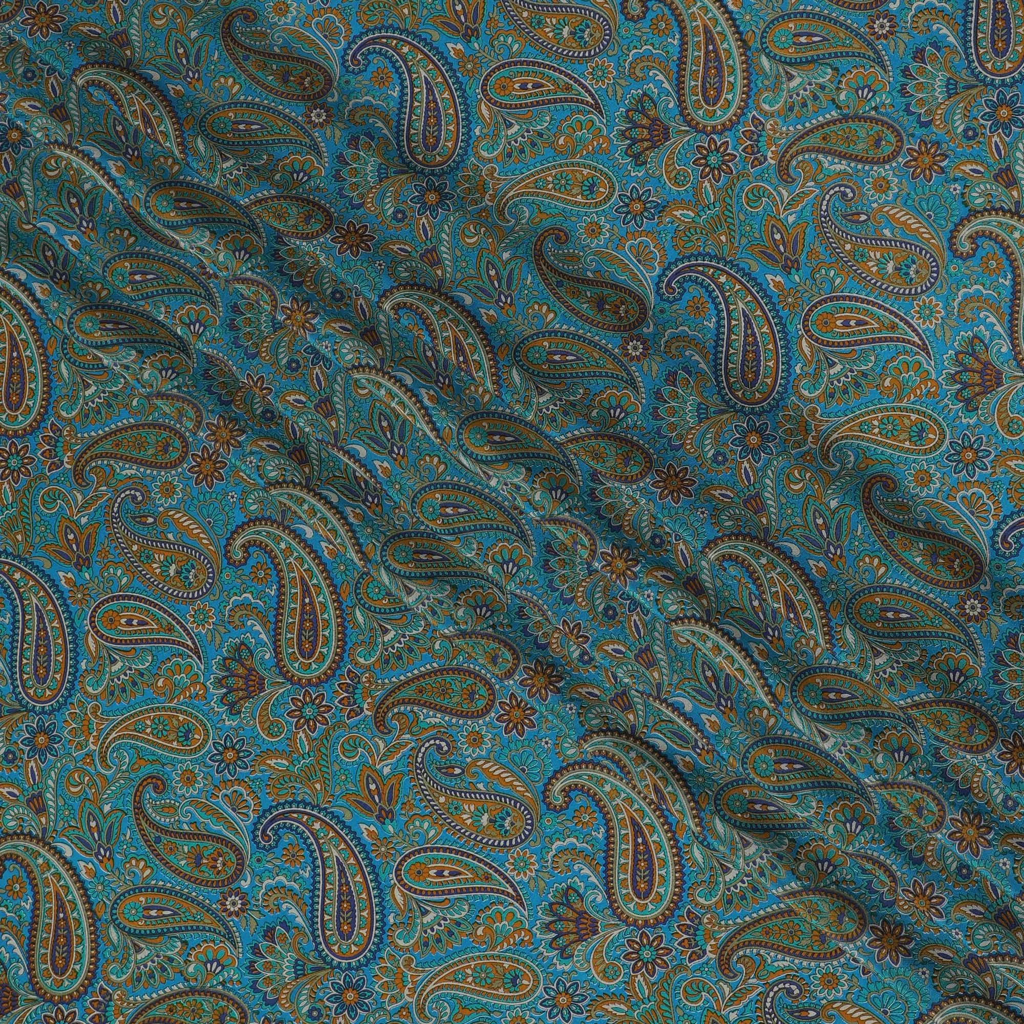 Peacock Teal Paisley Pure Silk Crepe Fabric - Vibrant Traditional Print, 110cm Width - Buy Online by the Meter-D18042