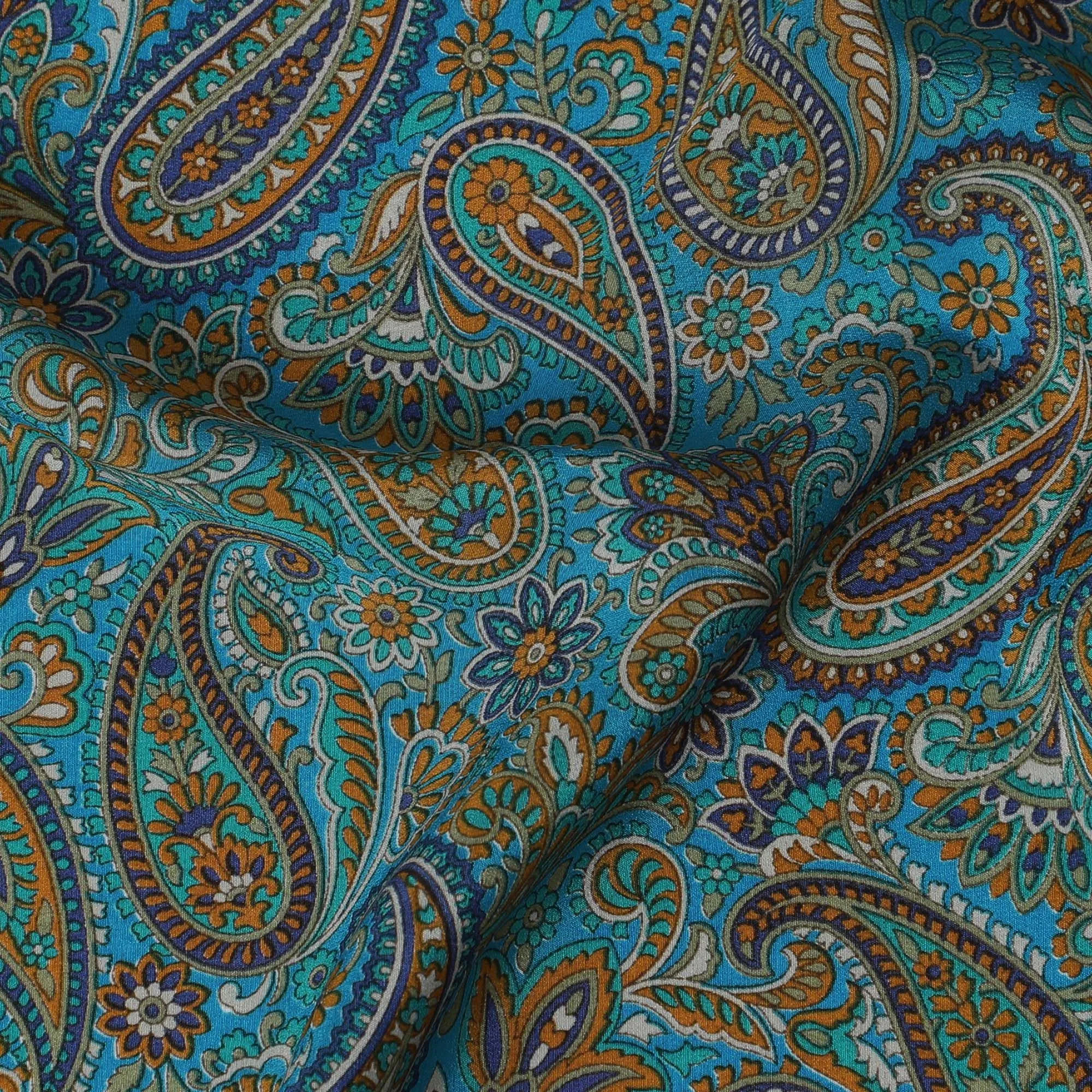 Peacock Teal Paisley Pure Silk Crepe Fabric - Vibrant Traditional Print, 110cm Width - Buy Online by the Meter-D18042