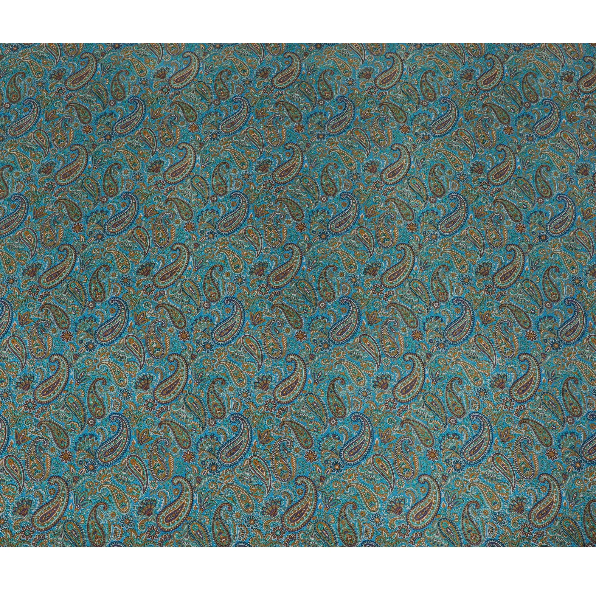 Peacock Teal Paisley Pure Silk Crepe Fabric - Vibrant Traditional Print, 110cm Width - Buy Online by the Meter-D18042