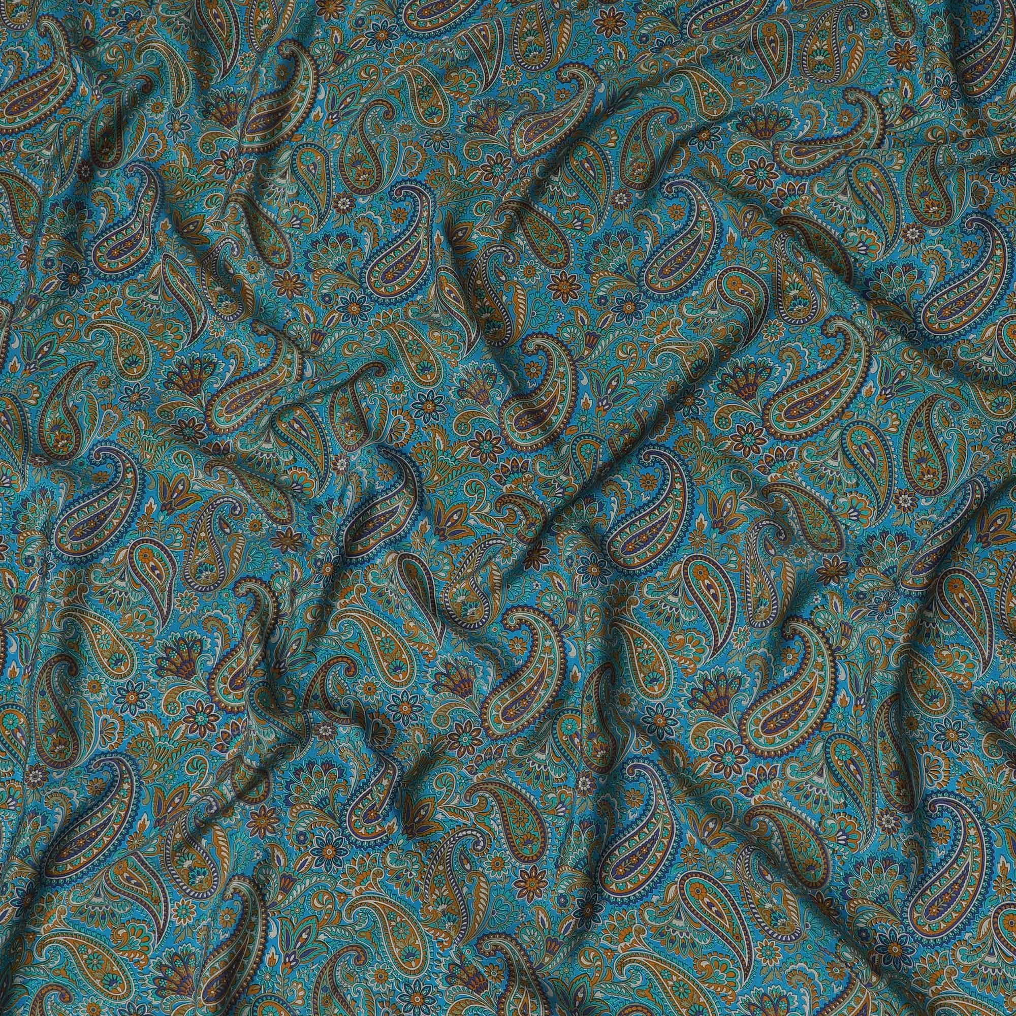 Peacock Teal Paisley Pure Silk Crepe Fabric - Vibrant Traditional Print, 110cm Width - Buy Online by the Meter-D18042