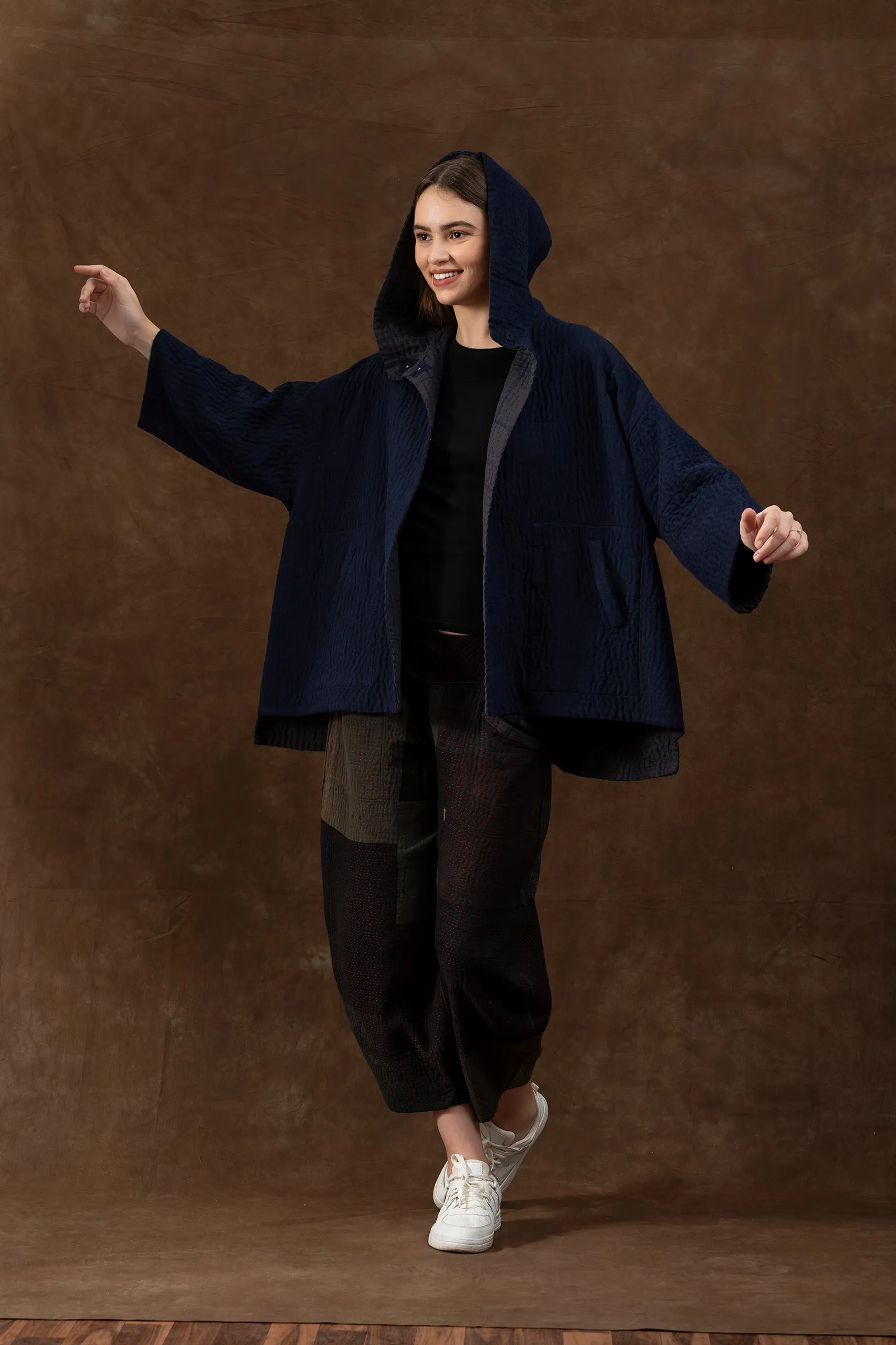 QUILTED VINTAGE COTTON WITH FLANNEL KANTHA HOODIE PONCHO - fq5064-blu -