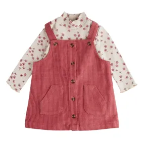 Raspberry Corduroy Overall Baby Dress Set