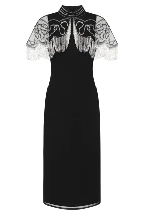 Ridley Black Beaded Fringe Cape Sleeve Midi Dress