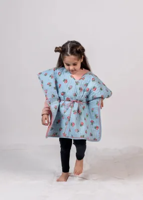 Rose Floral Skyblue Cotton Quilted Poncho Girls (2-14 Yrs)