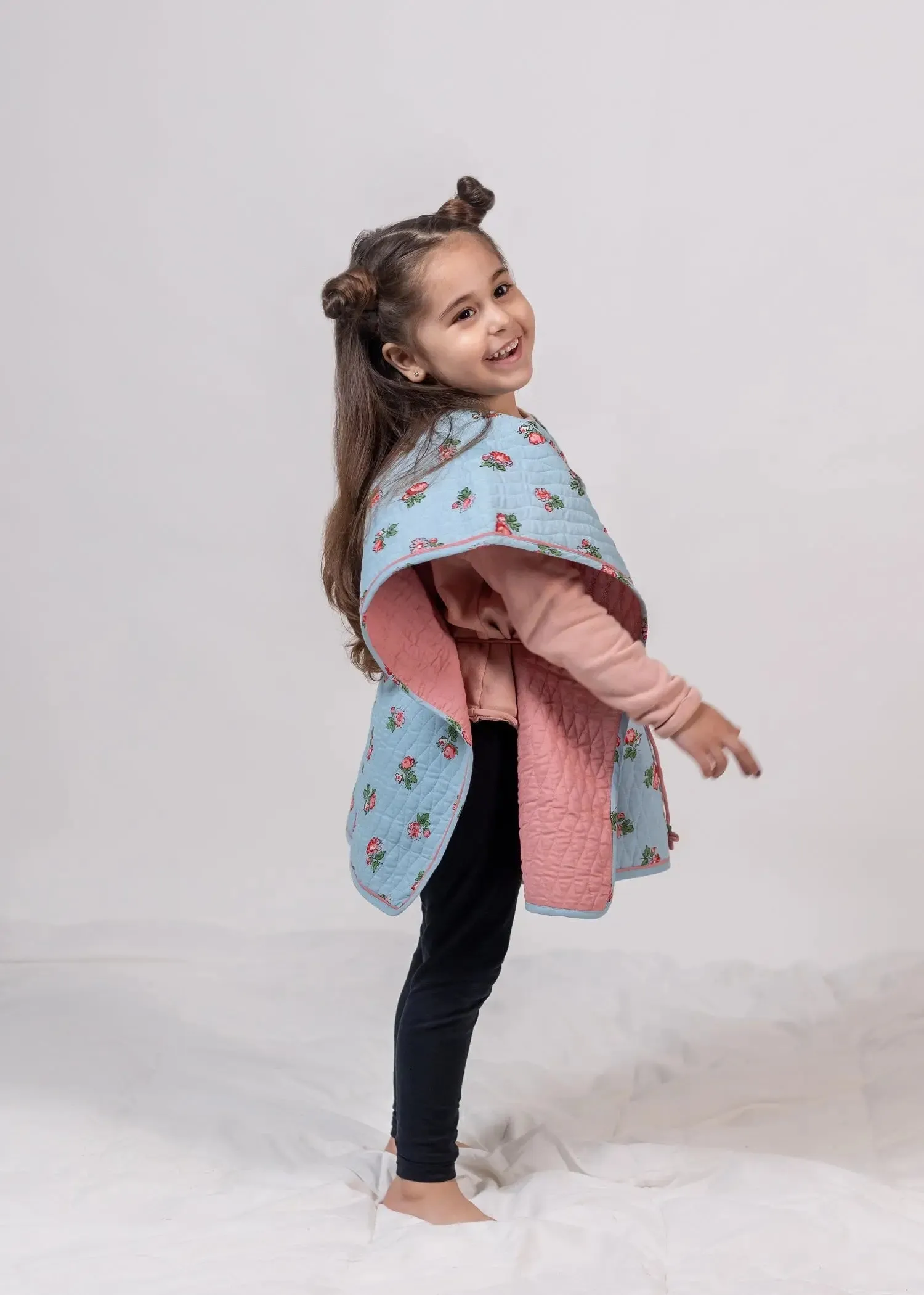 Rose Floral Skyblue Cotton Quilted Poncho Girls (2-14 Yrs)