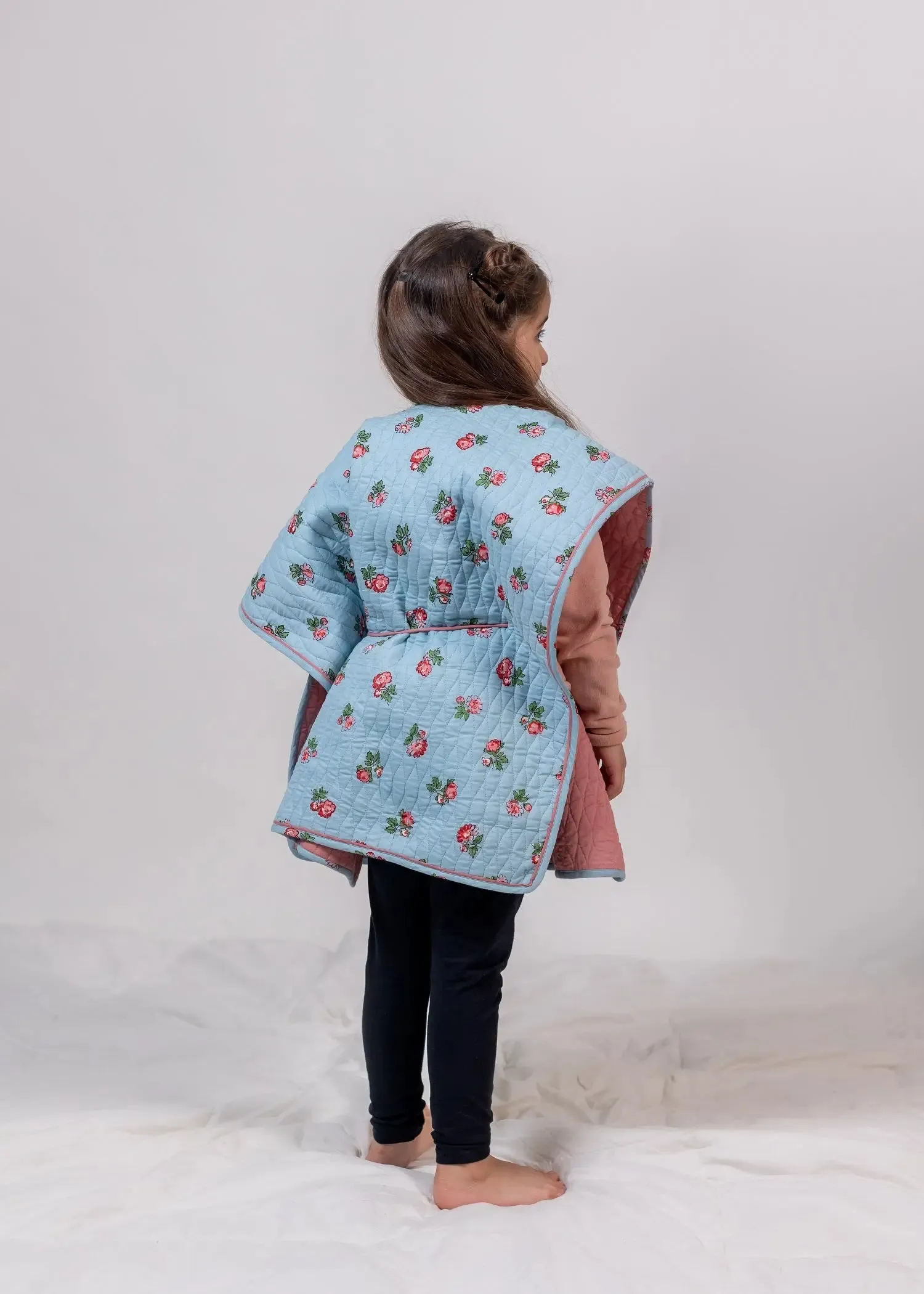 Rose Floral Skyblue Cotton Quilted Poncho Girls (2-14 Yrs)