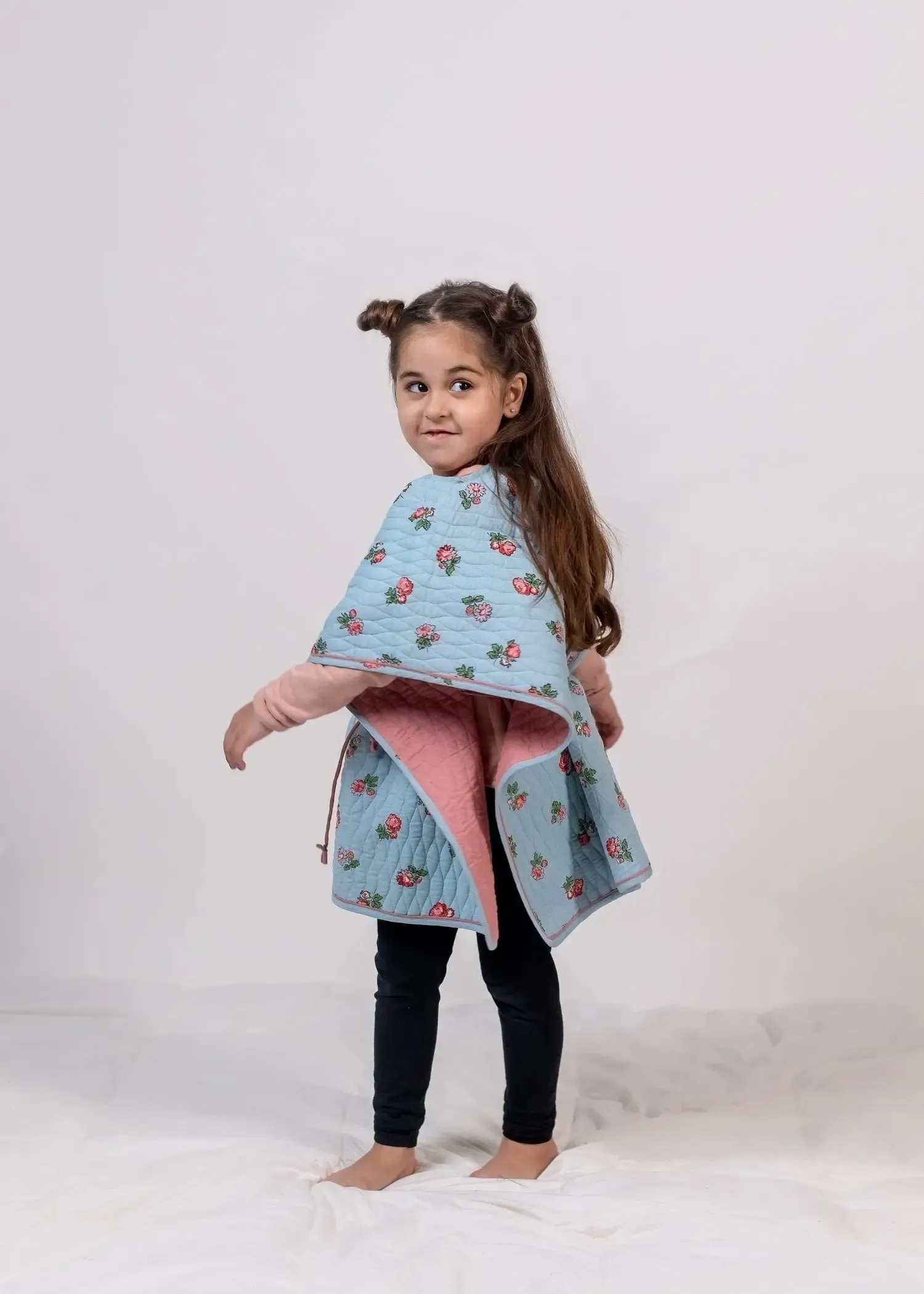 Rose Floral Skyblue Cotton Quilted Poncho Girls (2-14 Yrs)