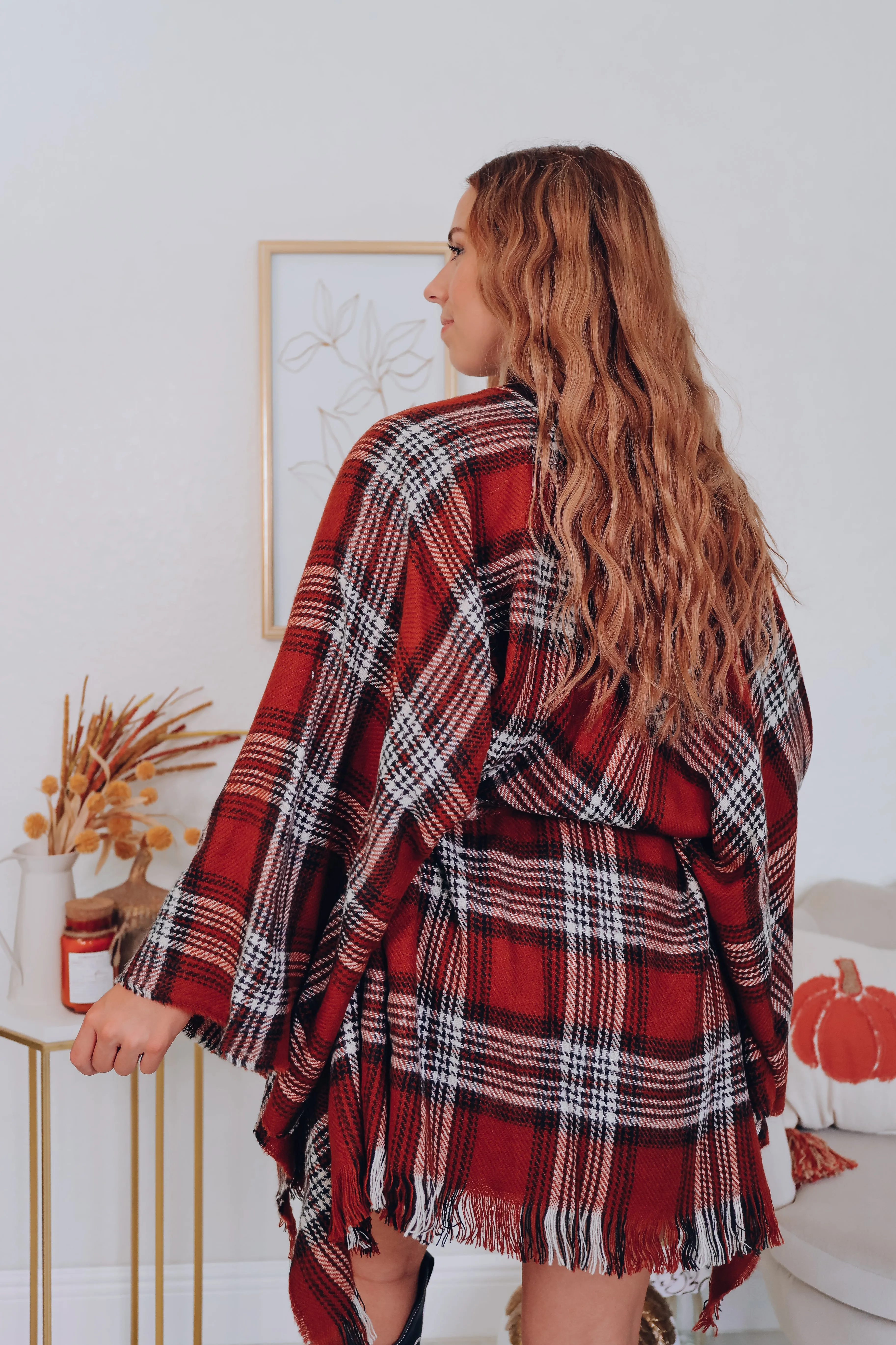 Ruana Belted Plaid Poncho - Rust