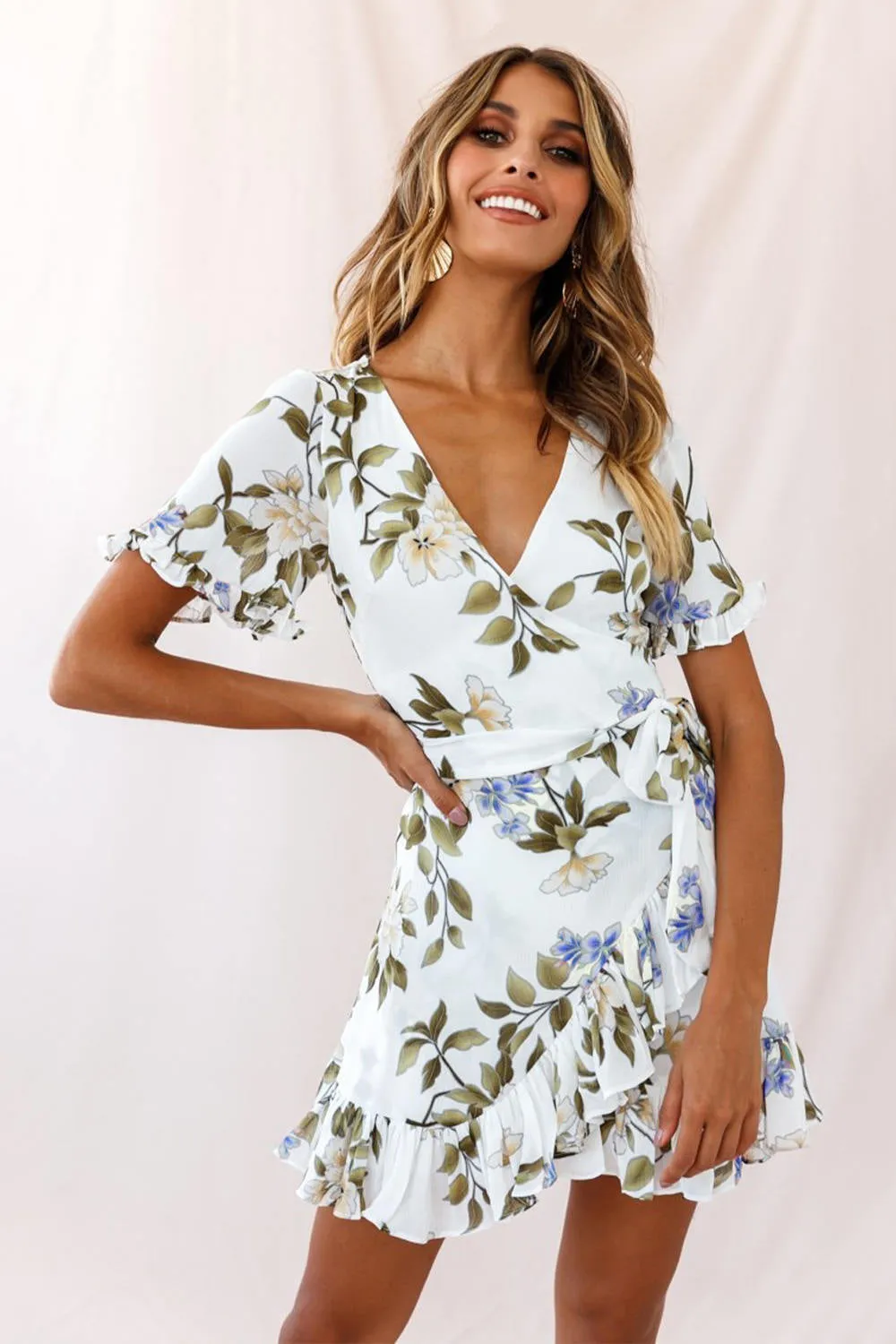 Ruffle Floral Print Wrap Dress