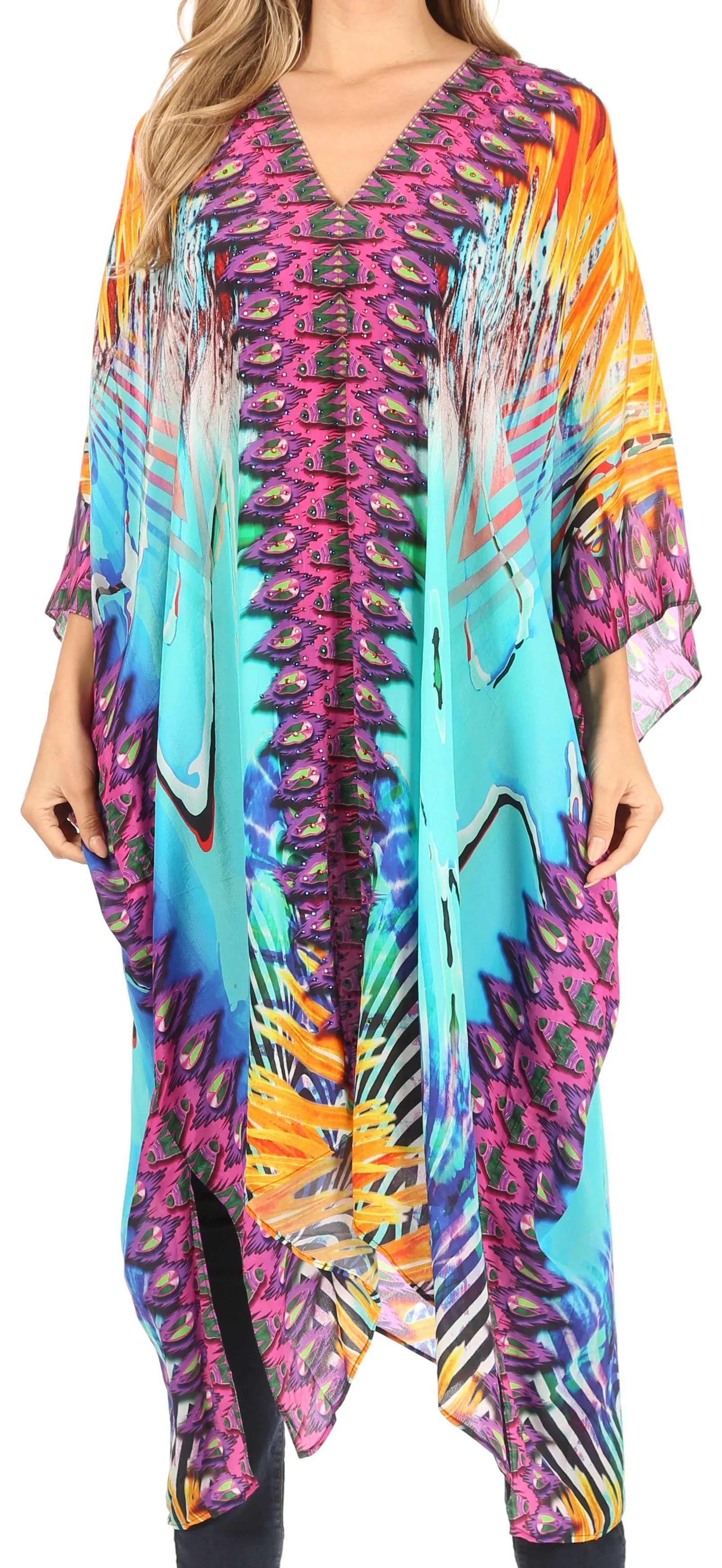 Sakkas Alvita Women's V Neck Beach Dress Top Caftan Cover up with Rhinestones